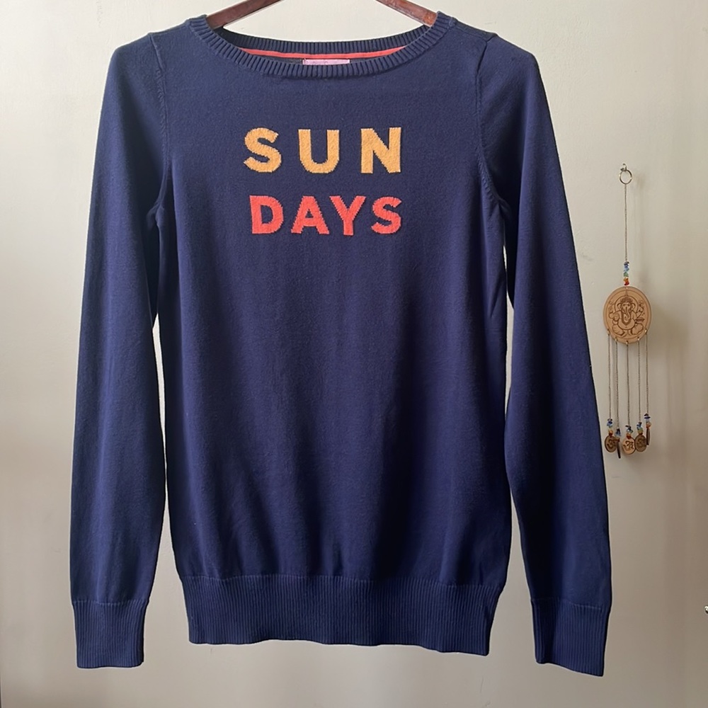 Lilly Pulitzer Navy Blue “Sun Days” Sweater With Orange & Yellow Letters- Medium
